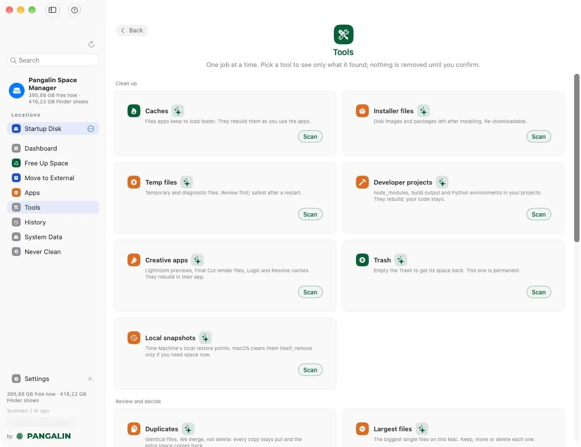 Tools in Pangalin Space Manager: one card per job, each with its own Scan button: Caches, Installer files, Temp files, Developer projects, Creative apps, Trash, Local snapshots, then Duplicates and Largest files under Review and decide.