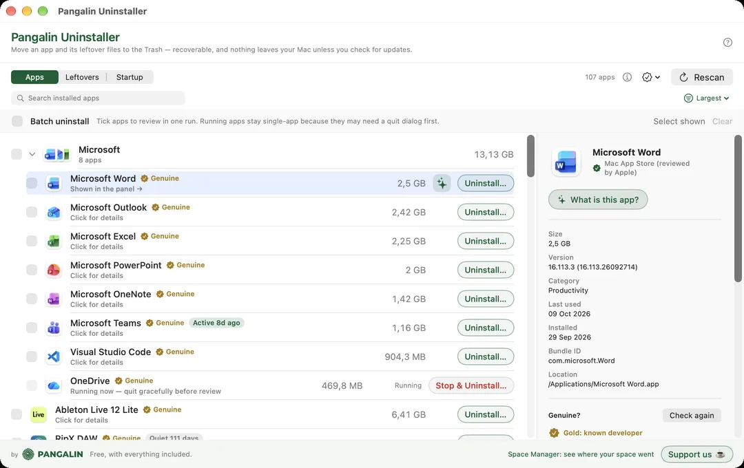 Pangalin Uninstaller showing installed apps grouped by maker, largest first, each with a gold Genuine tick and an Uninstall button, and Microsoft Word’s details on the right.
