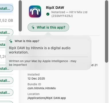 RipX DAW's details in Pangalin Uninstaller with the What is this app? popover open: RipX DAW by Hitnmix is a digital audio workstation, and the footer Written on your Mac by Apple Intelligence · may be imperfect.