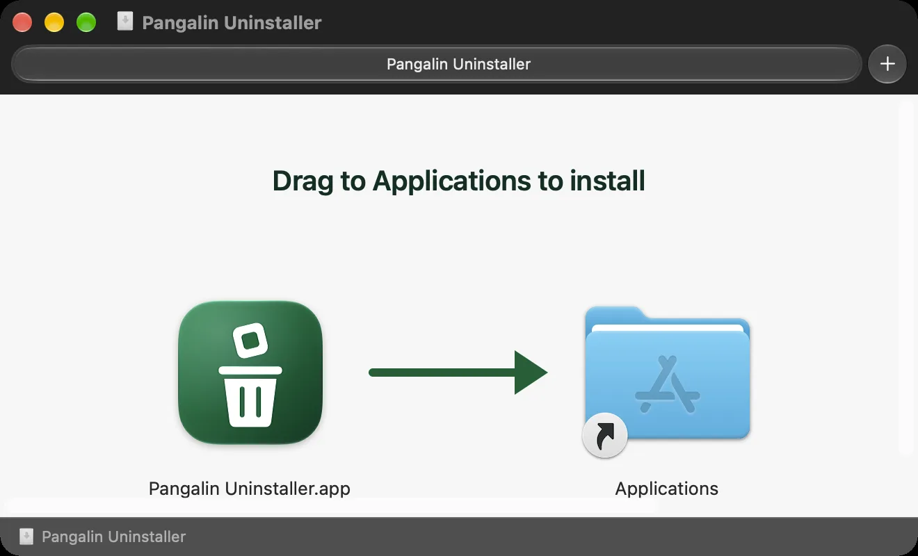The Pangalin Uninstaller installer window: “Drag to Applications to install”, with the app icon on the left, a green arrow, and the Applications folder on the right.