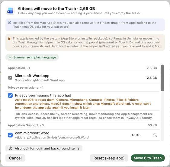 The review sheet for Microsoft Word, an App Store app: 6 items will move to the Trash, 2.69 GB, with notes that it came from the App Store and is moved through the helper with your approval; a Summarise in plain language button; a ticked Privacy permissions this app had row; every item listed with its path and size; Cancel, Reset (keep app) and Move 6 to Trash.