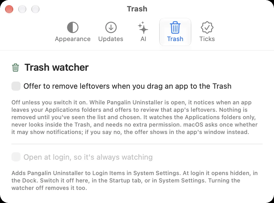 Pangalin Uninstaller Settings, Trash tab: Trash watcher, with Offer to remove leftovers when you drag an app to the Trash, off, and Open at login, so it’s always watching, greyed out until the watcher is on.