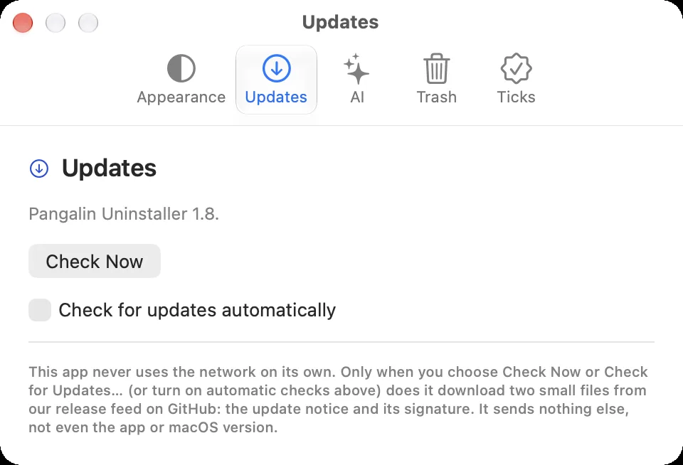 Pangalin Uninstaller Settings, Updates tab, with a Check Now button and the Check for updates automatically checkbox, off.