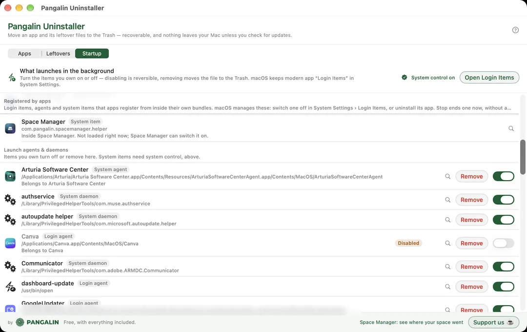 The Startup tab with system control on: Registered by apps, then launch agents and daemons, each with its path, the app it belongs to, Remove and an on/off switch.