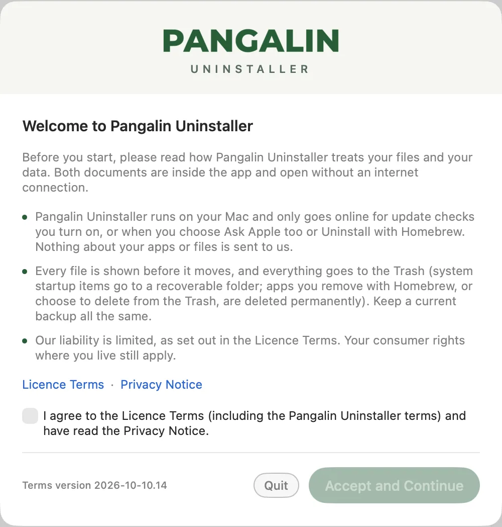 Pangalin Uninstaller’s welcome sheet: three short points about files, data and liability, links to the Licence Terms and Privacy Notice, an unticked agreement box, and Quit and Accept and Continue buttons.