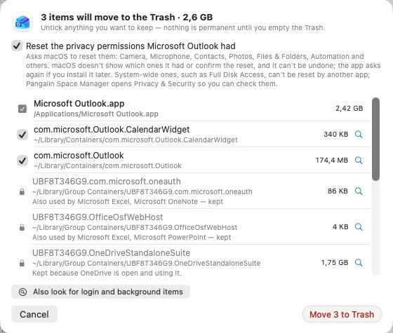 Pangalin Space Manager’s review for Microsoft Outlook: 3 items will move to the Trash, 2.6 GB; a ticked Reset the privacy permissions Microsoft Outlook had; the app and its containers, each with a size; shared group containers kept with a padlock, with notes such as Also used by Microsoft Excel, Microsoft OneNote — kept; Also look for login and background items; Cancel and Move 3 to Trash.