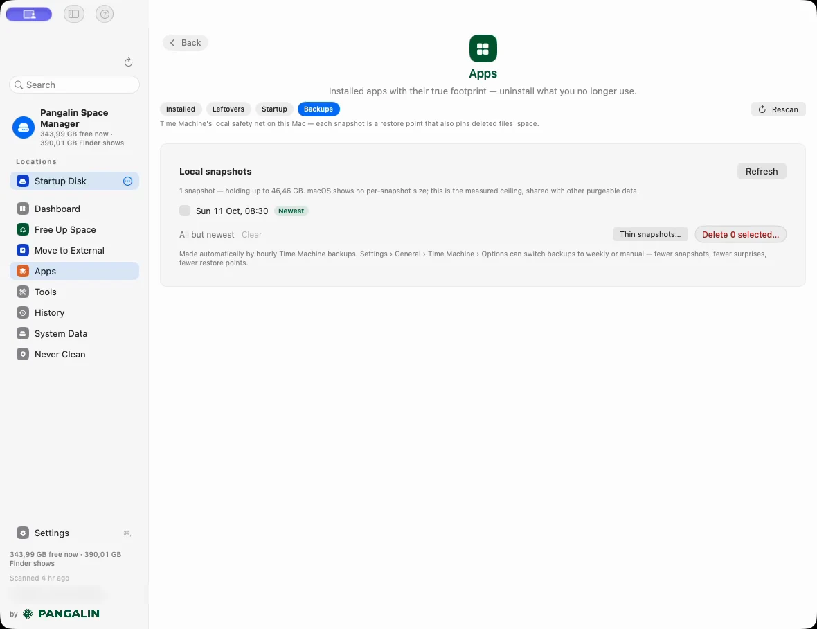 The Backups tab in Apps: Local snapshots, with one snapshot listed by date and tagged Newest, a line saying how much it holds at most, and the All but newest, Thin snapshots and Delete selected buttons.
