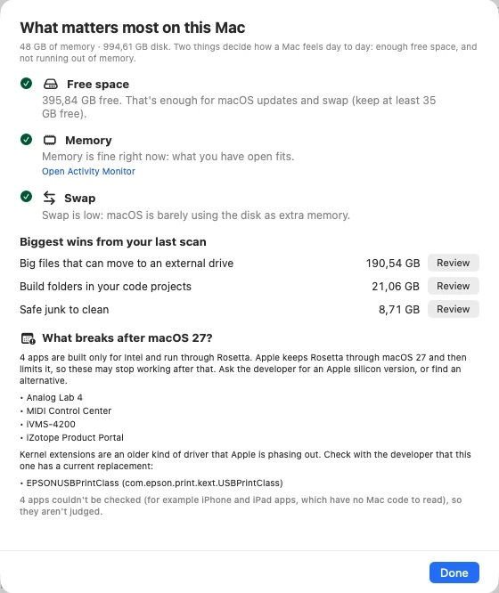 What matters most on this Mac: Free space, Memory and Swap with green ticks and plain-language notes; Biggest wins from your last scan with Review buttons; and What breaks after macOS 27?, listing four Intel-only apps and an old kernel extension; a Done button.