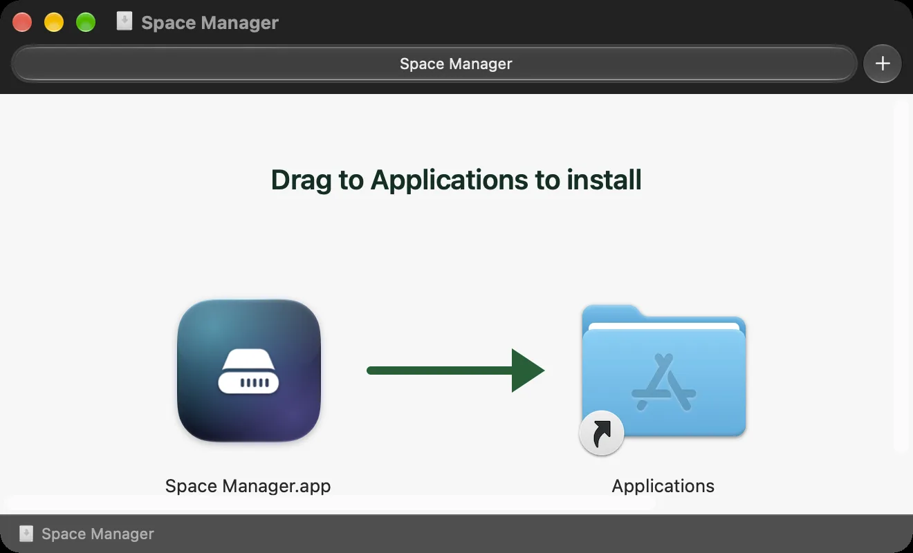The Pangalin Space Manager installer window: “Drag to Applications to install”, with the app icon on the left, a green arrow, and the Applications folder on the right.