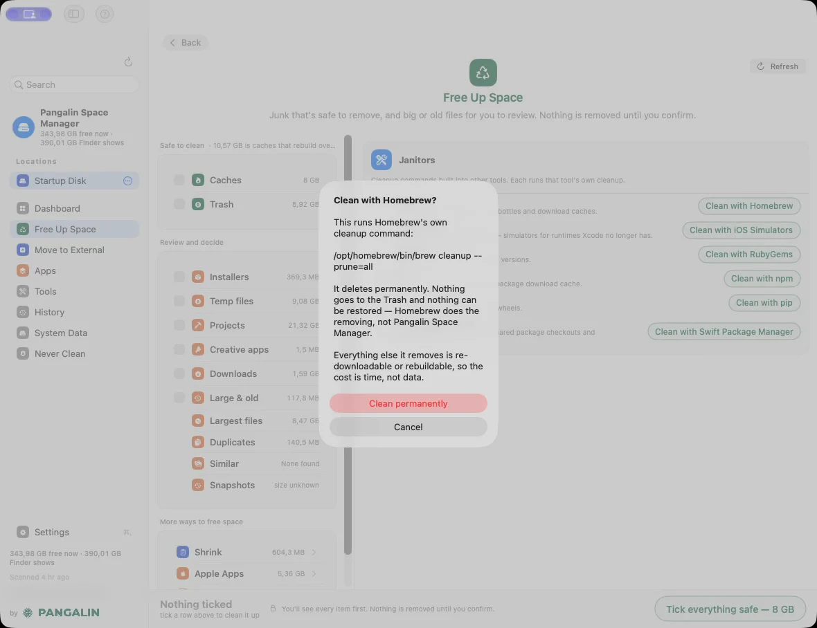 Pangalin Space Manager’s Clean with Homebrew confirmation: the full brew cleanup command, a warning that it deletes permanently, nothing goes to the Trash and Homebrew does the removing, and Clean permanently and Cancel buttons.