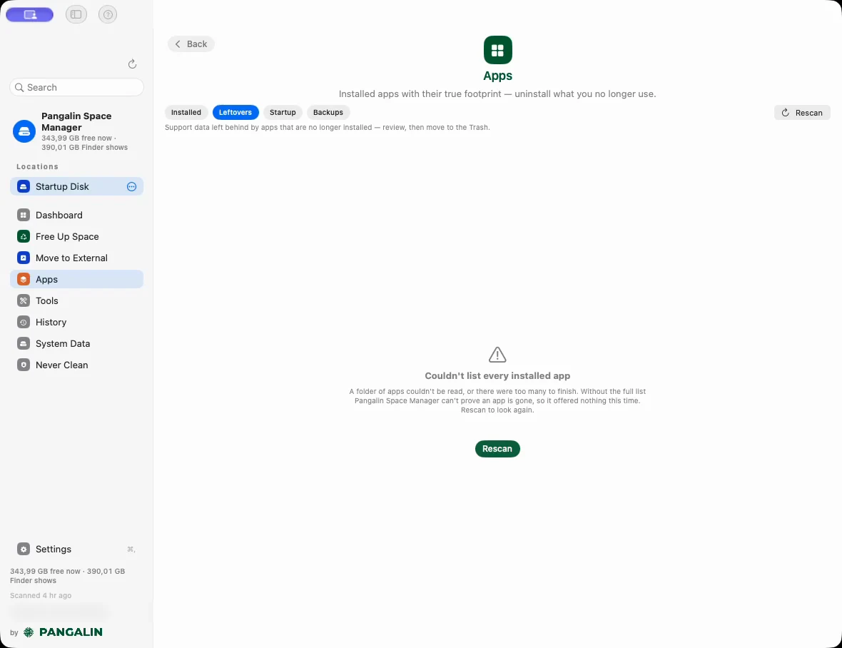 Pangalin Space Manager's Apps page, Leftovers tab, showing Couldn't list every installed app: a folder of apps couldn't be read, so nothing was offered this time, and a Rescan button.