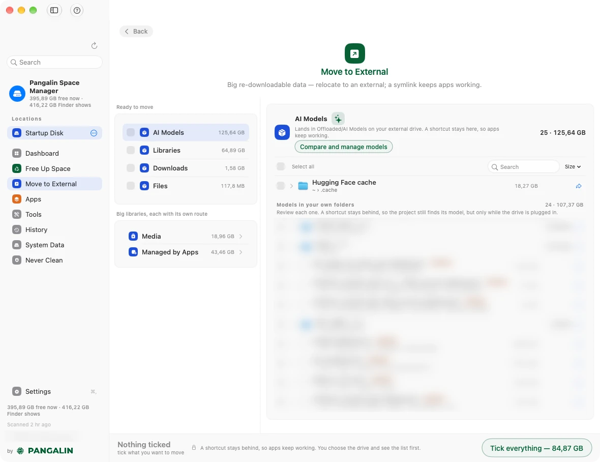 The Move to External screen: Ready to move groups such as AI Models, Libraries and Downloads, and the AI Models list with the Hugging Face cache and models in your own folders.
