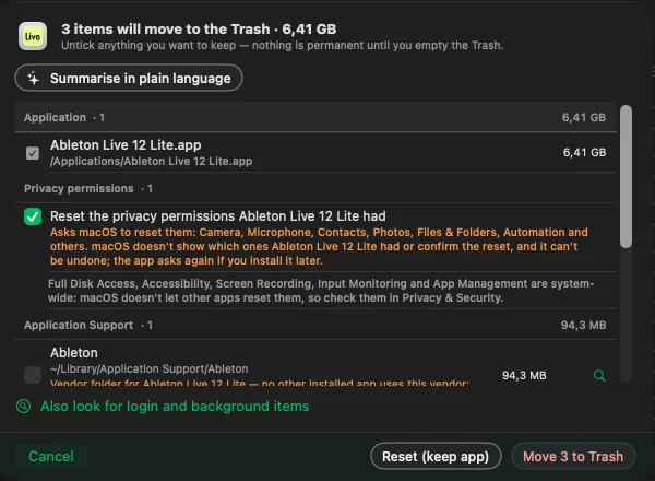 The review for Ableton Live 12 Lite with Reset (keep app) next to Move 3 to Trash at the bottom.