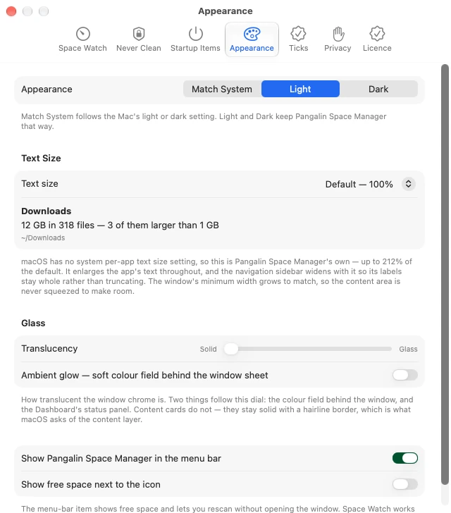 Pangalin Space Manager Settings, Appearance tab: Match System, Light or Dark; text size; translucency; and at the bottom, Show Pangalin Space Manager in the menu bar, on, and Show free space next to the icon, off.