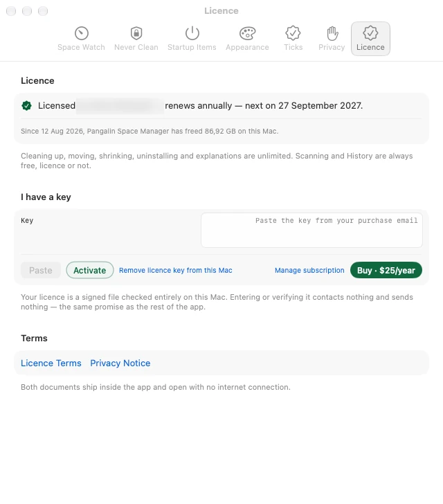 Pangalin Space Manager Settings, Licence tab, showing an active licence with its renewal date, a Key field, Paste and Activate buttons, and a link to remove the licence key from this Mac.