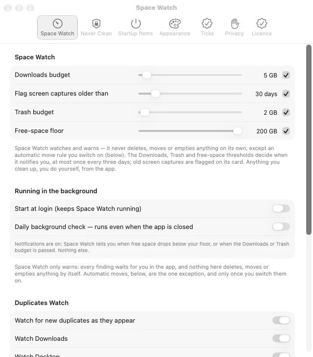 Pangalin Space Manager Settings, Space Watch tab: sliders for Downloads budget, screen captures, Trash budget and Free-space floor, and Running in the background switches.