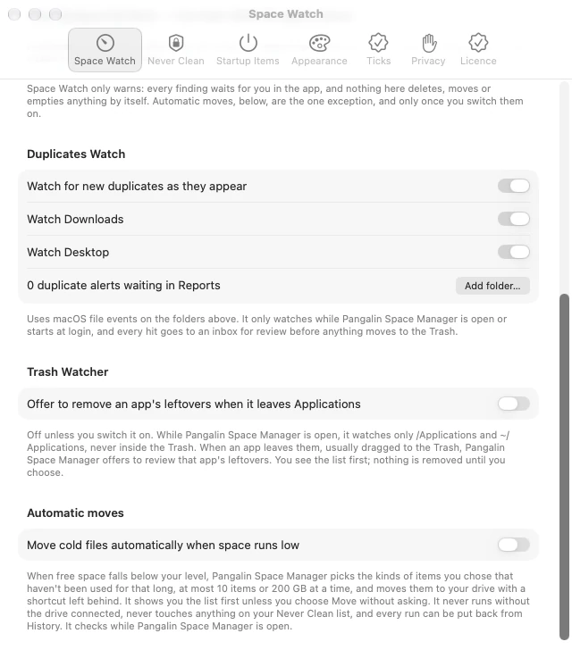Pangalin Space Manager Settings, Space Watch tab, lower half: Duplicates Watch; Trash Watcher with Offer to remove an app’s leftovers when it leaves Applications, off; and Automatic moves with Move cold files automatically when space runs low, off, with the explanation below.