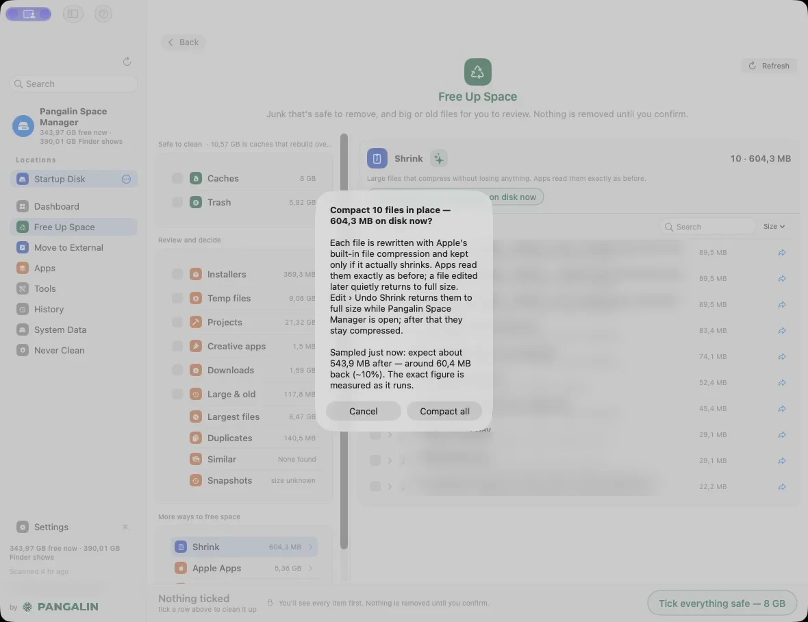 The confirmation before shrinking: Compact files in place, with how much they take on disk now, a note that apps read them exactly as before and that Edit › Undo Shrink returns them to full size, a measured estimate of the saving, and Compact all and Cancel buttons.